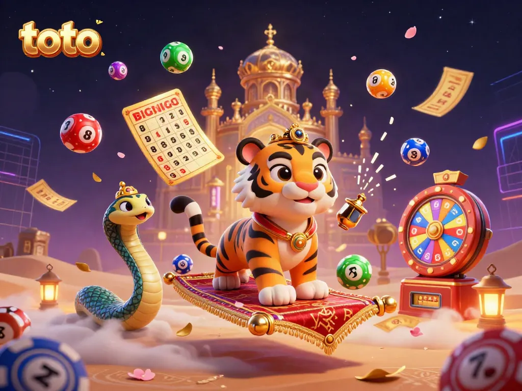 Engage in a thrilling toto casino experience with colorful lottery elements and an Arabian Nights theme.