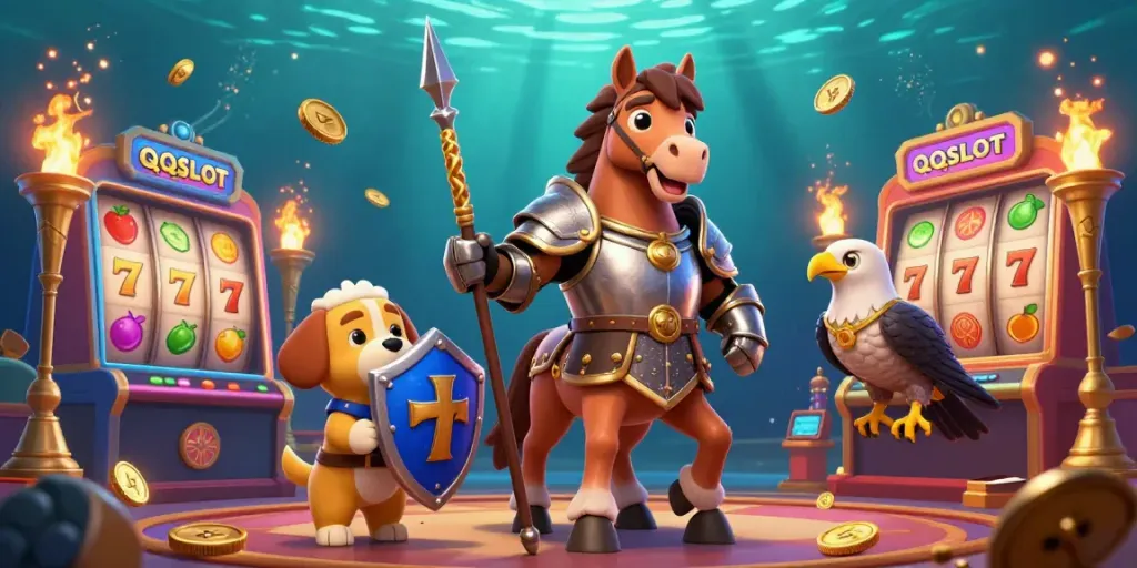 Engage in thrilling spins with QQSLOT featuring dynamic slot reels and characters in an exciting casino setting.