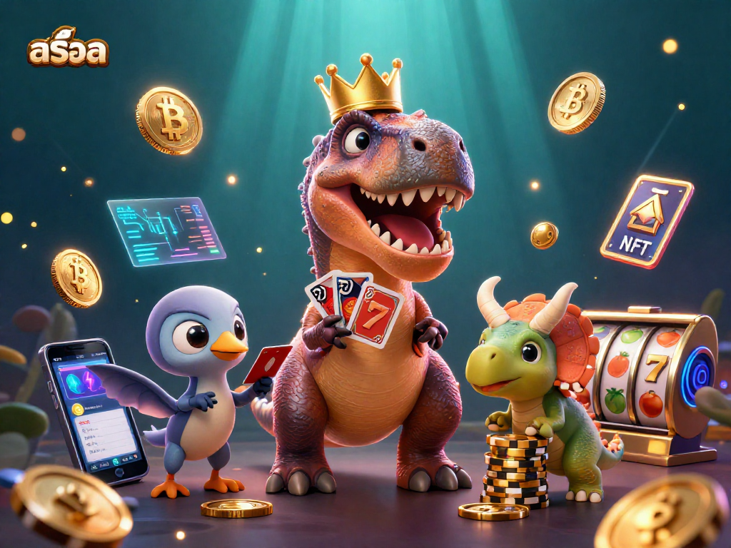 Engage with exciting สล็อต gameplay featuring vibrant characters, cryptocurrency elements, and a lively casino atmosphere.