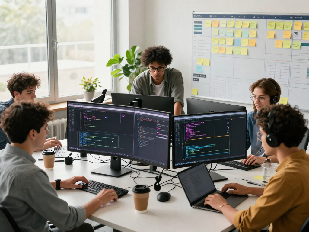 lingkungan kerja teknologi dengan pengembang perangkat lunak debugging wifi4d di kantor modern