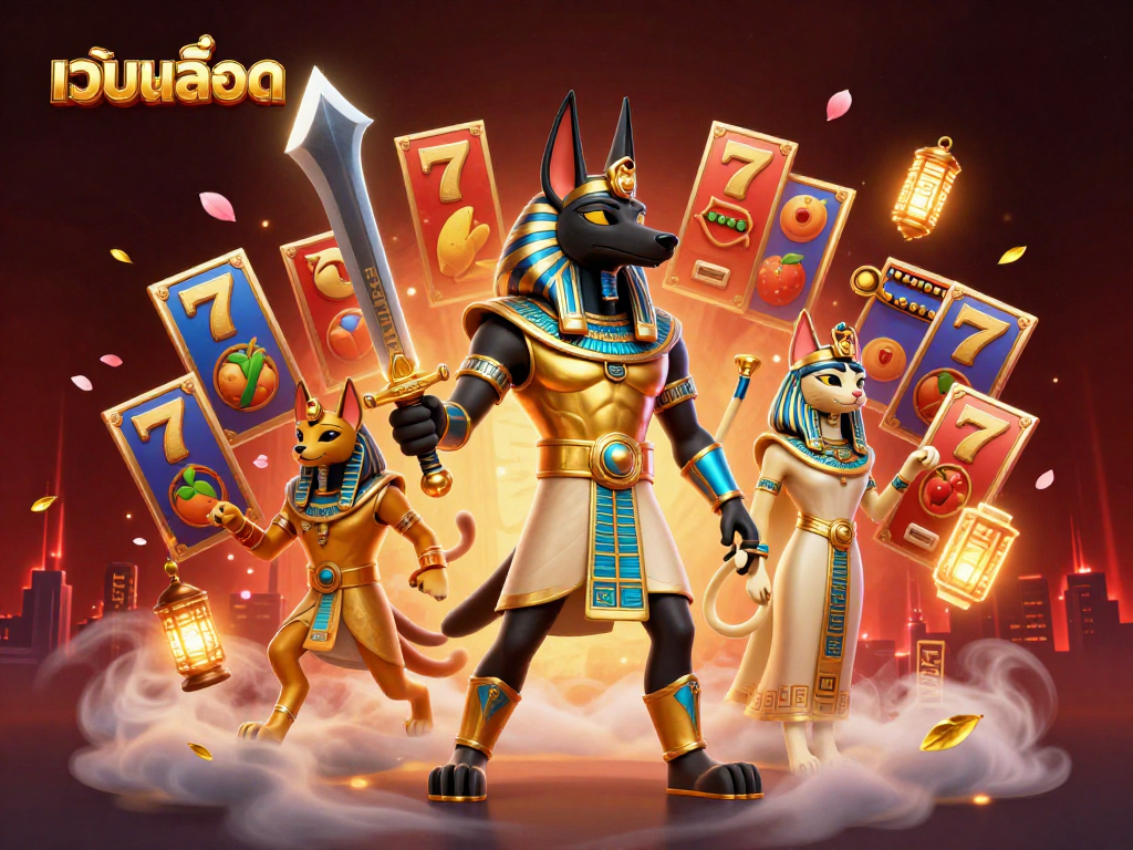 Winning big with เว็บสล็อต while exploring a dynamic casino scene featuring Anubis and Bastet.