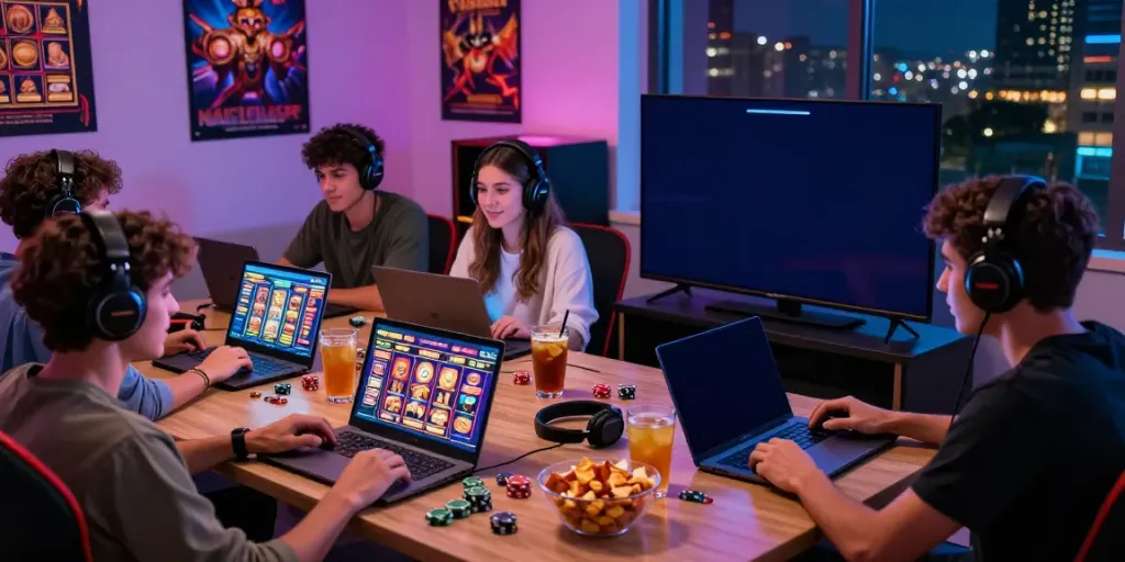 Group enjoying an engaging online slot game session in a cozy gaming setup.