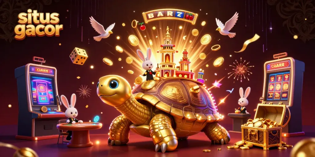 Gambar situs gacor menampilkan kura-kura emas 3D dengan kasino di cangkangnya yang dipenuhi koin emas.