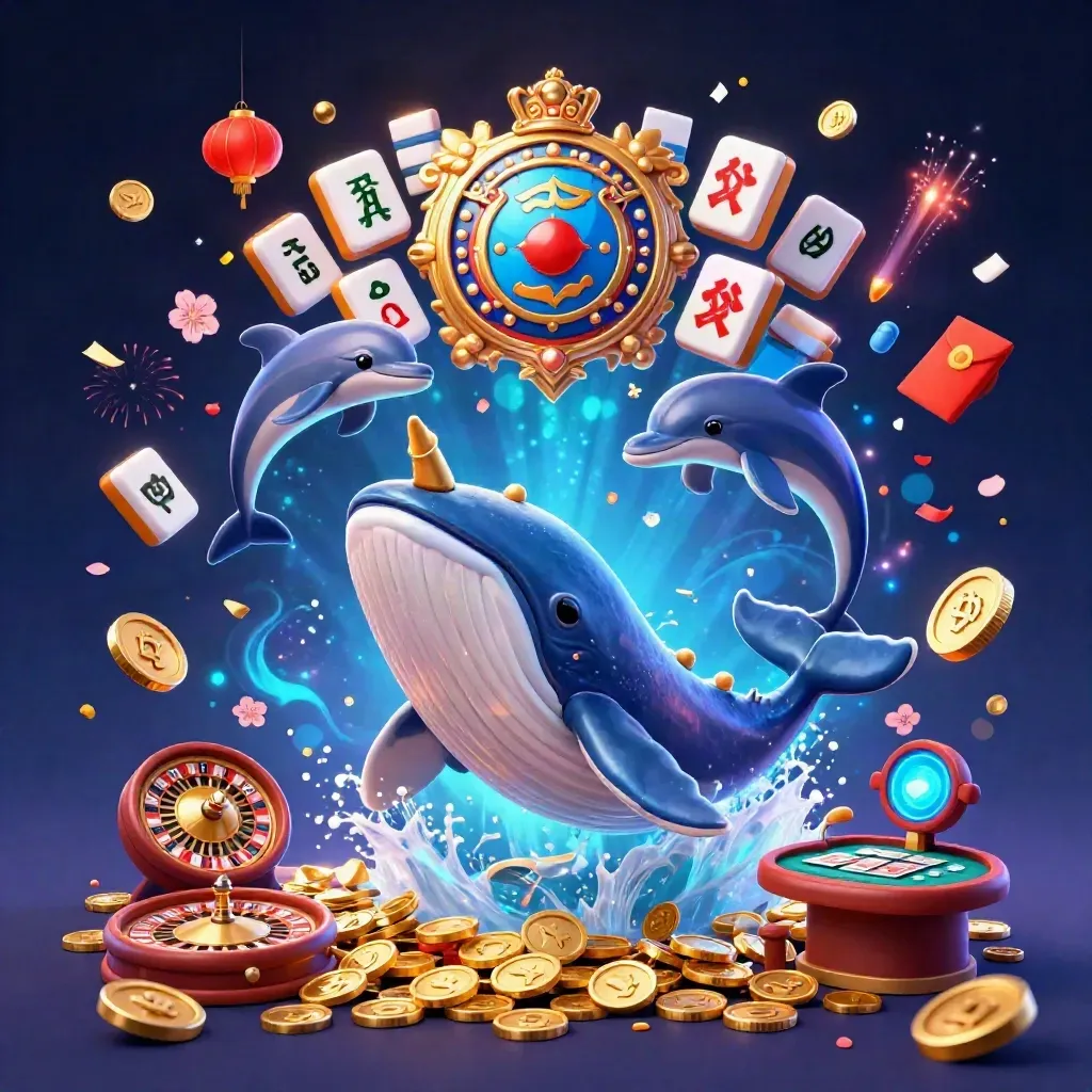 Whale captain, narwhal, and dolphins amid casino coins, lanterns, fireworks, and glowing light
