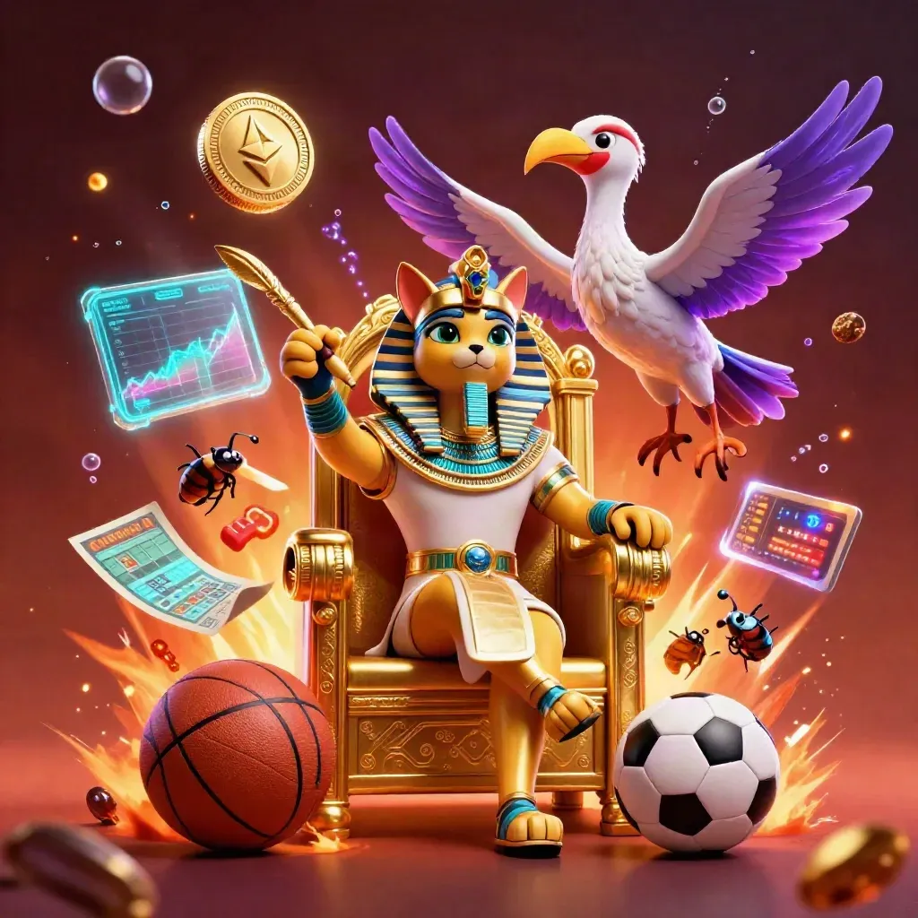 Pharaoh cat, ibis scribe and scarabs amid casino coins, balls and neon glow.