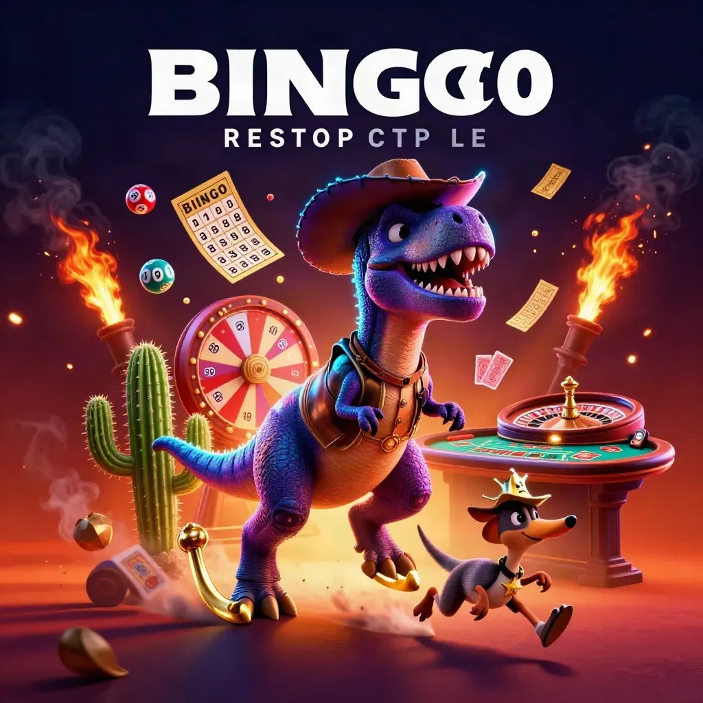 3D cowboy T-Rex, cactus sidekick, and roadrunner amid neon casino chaos and ember glow