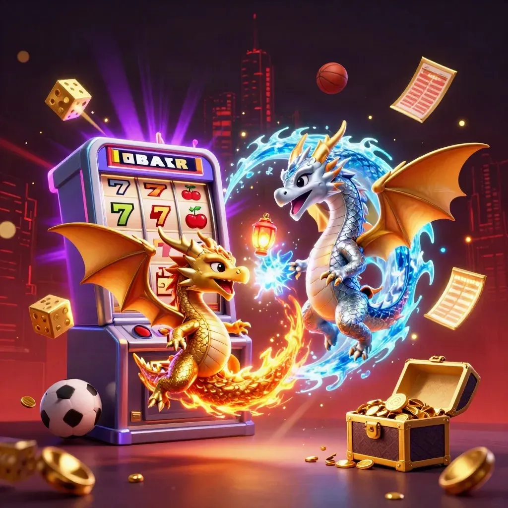 Gold and silver dragons spiral around casino symbols, jackpot rays, and glowing sports props.