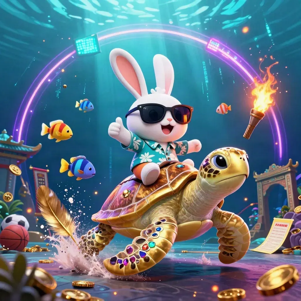 Lucky rabbit rides a jeweled sea turtle through neon sports chaos, with balls, coins, and spray flying.