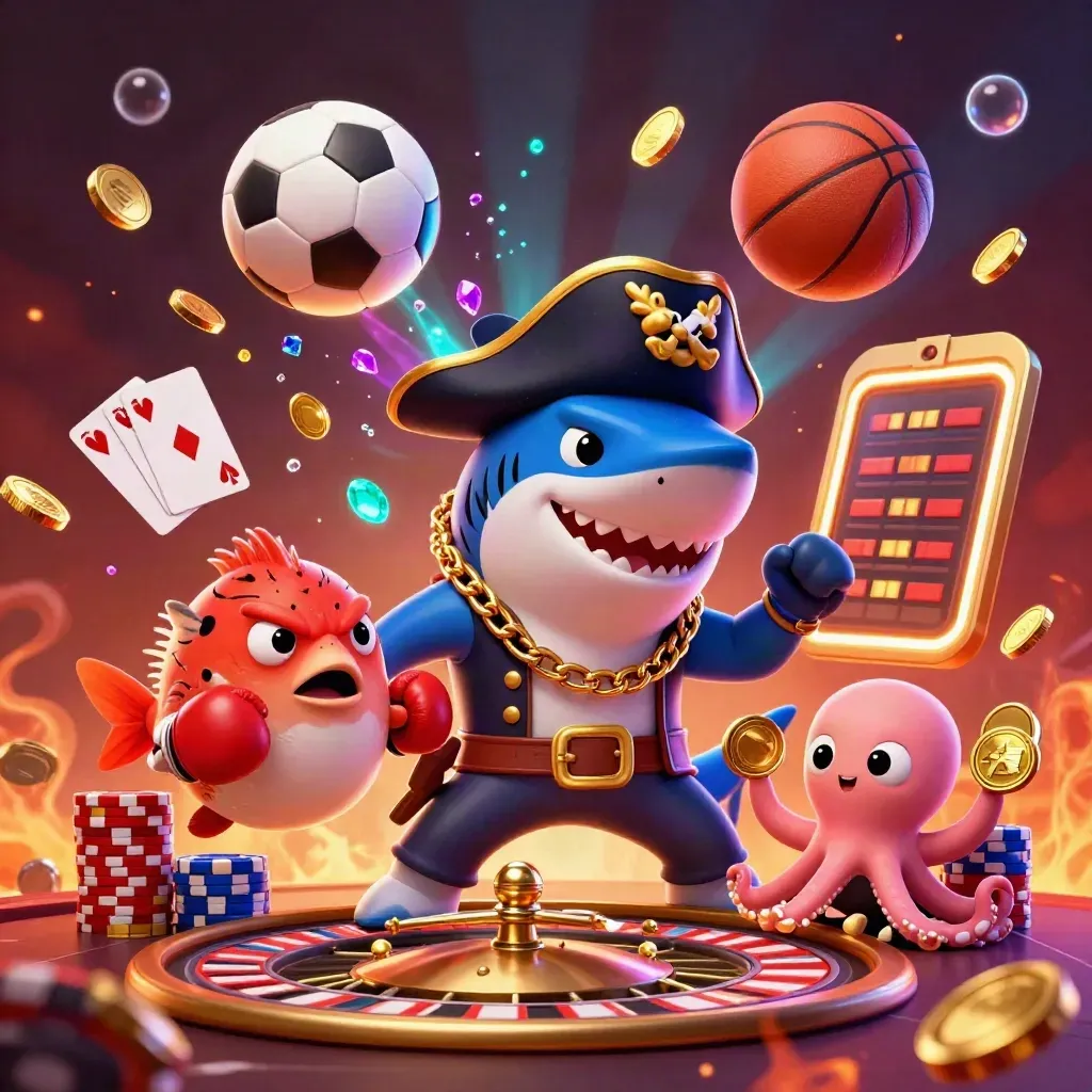 Shark pirate, pufferfish, and octopus amid flying coins, balls, roulette, chips, and neon glow