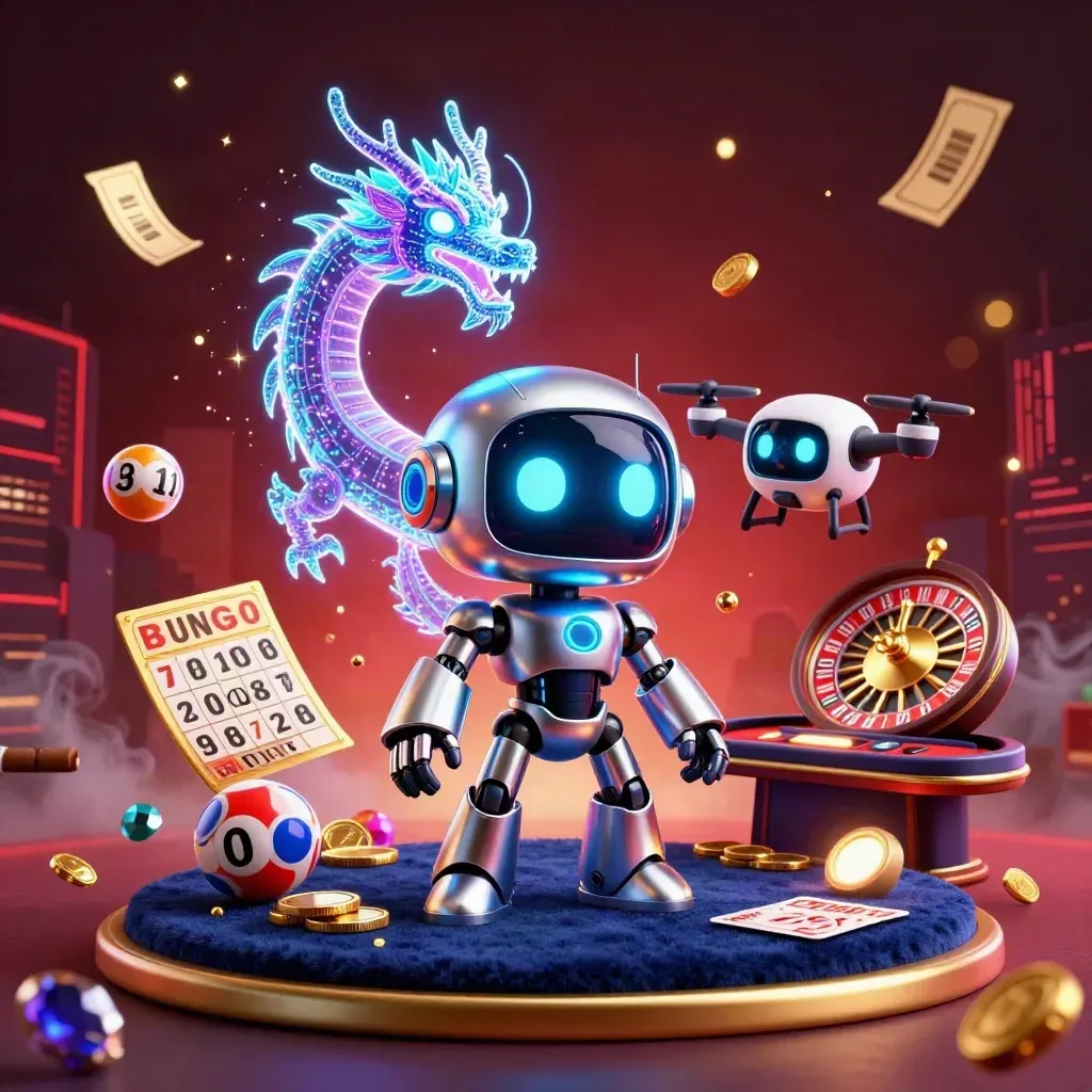 Cyberpunk casino mascots amid neon wheels, brass, velvet, gold, and a dark red glow.