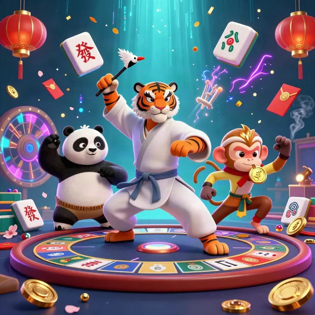 Kung-fu tiger, panda, and monkey amid casino props, glowing lights, and jade coins.
