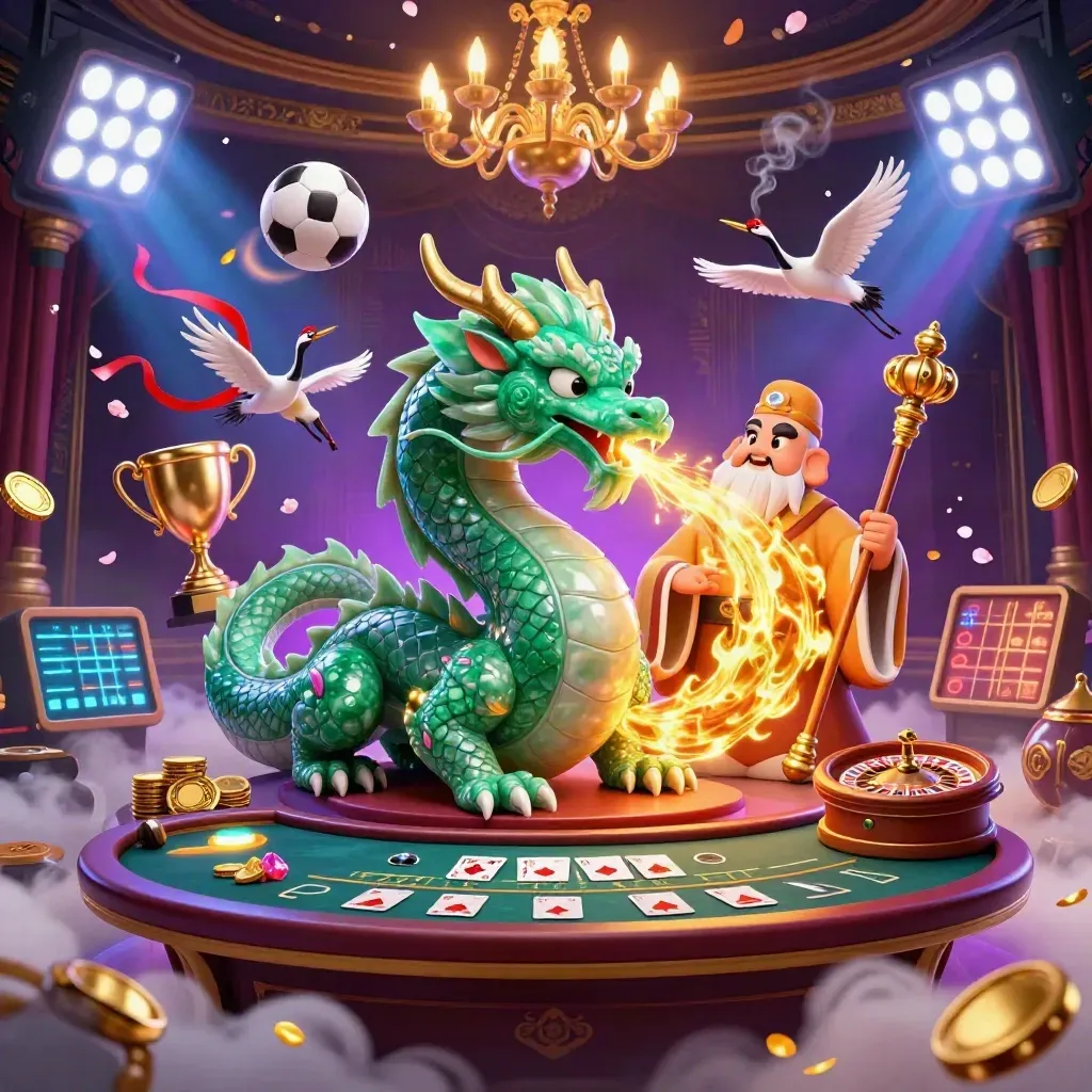 Jade dragon, turtle sage, and cranes amid casino luxury, gold fire, coins, and neon glow.