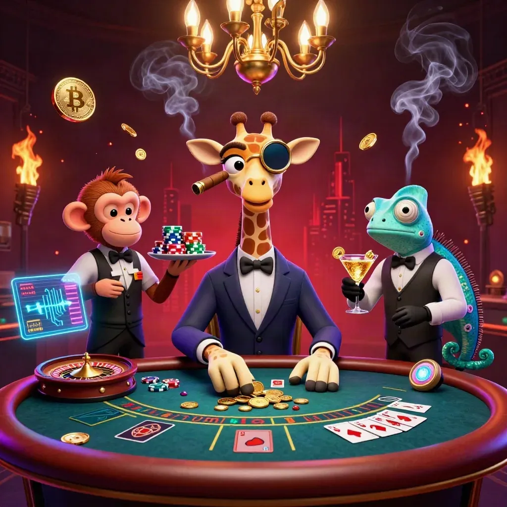 Giraffe high roller, monkey valet and chameleon bartender in a neon casino tableau with coins and gems.