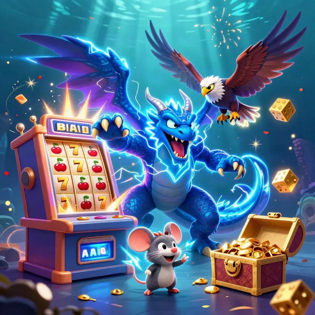 Thunder dragon, hawk, and mouse amid jackpot burst, gems, confetti, and glowing casino magic.