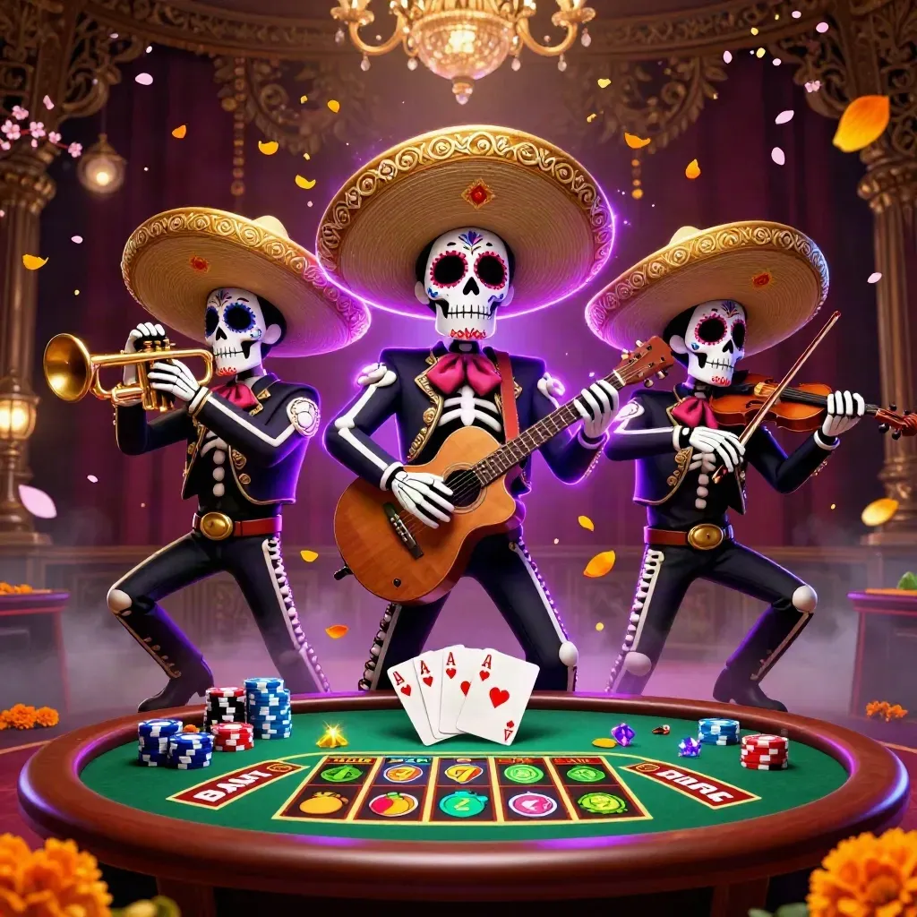 Skeleton mariachi trio amid neon poker chaos, petals, chips, and violet casino glow.