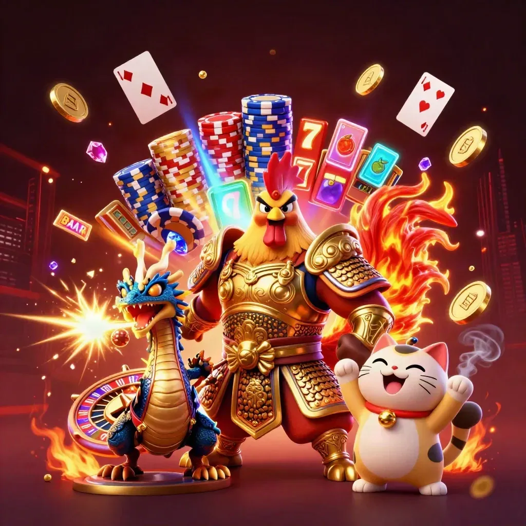 Rooster samurai, dragon hatchling, and fortune-cat amid casino coins, gems, chips, and glowing reels.