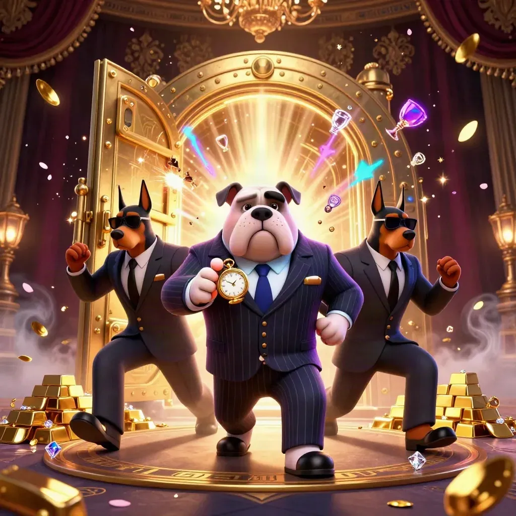 Mafia-boss bulldog and two Dobermans burst from a glowing treasure vault amid gold and gems.