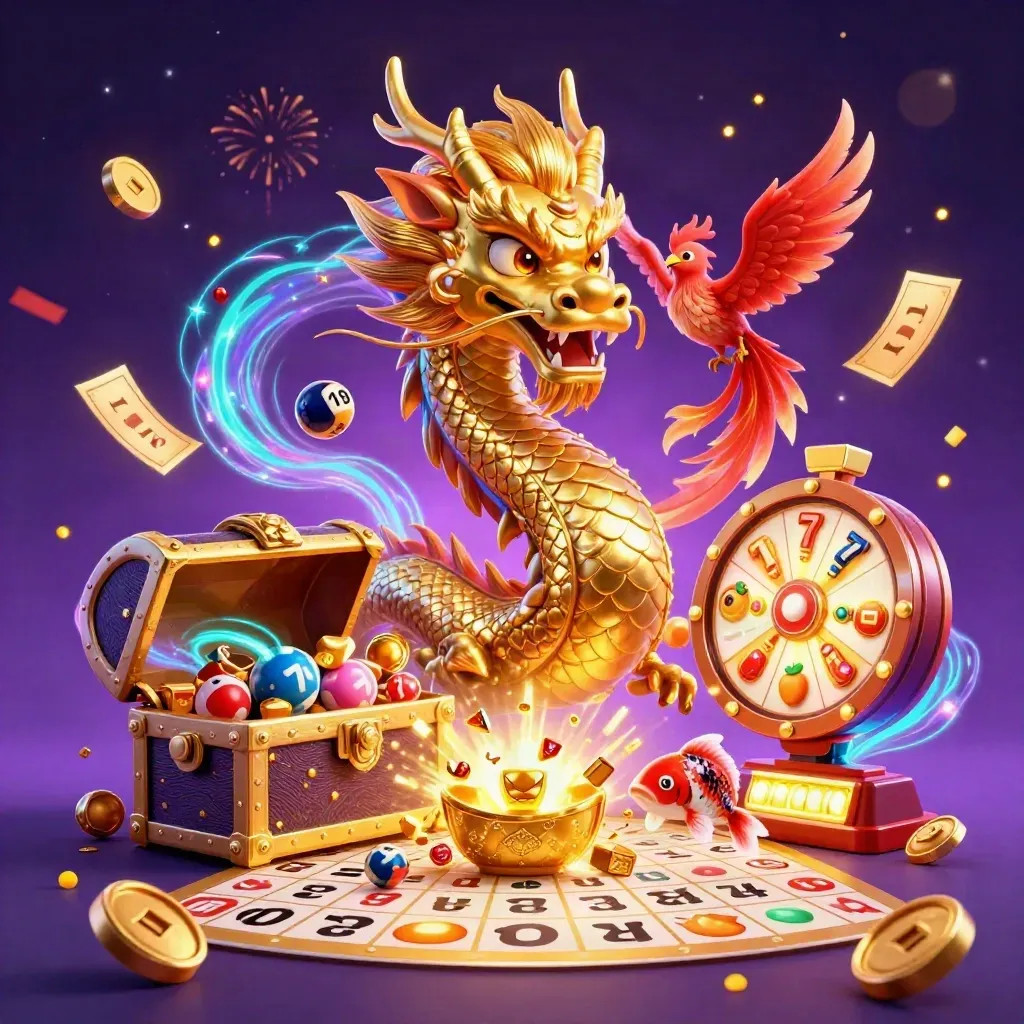 Golden dragon, phoenix, koi and casino treasures burst in neon violet and gold.