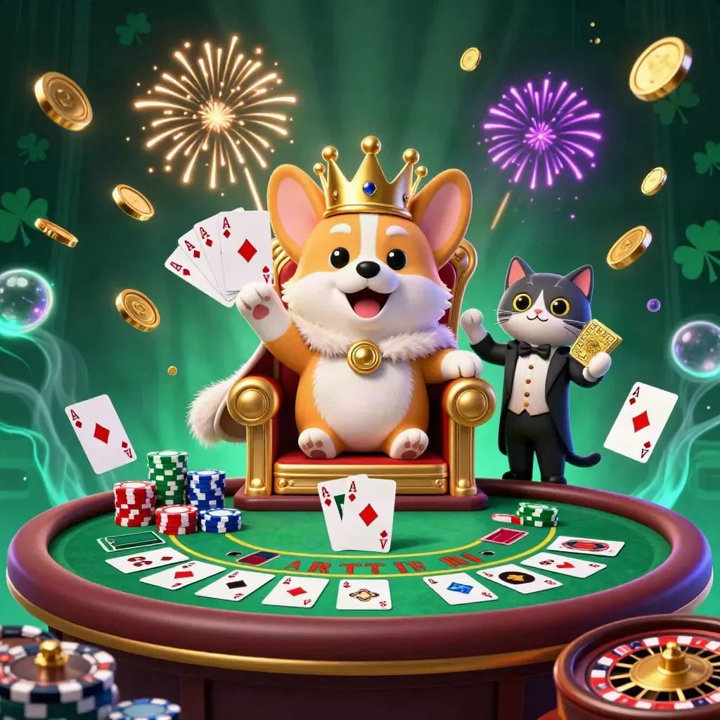 Royal corgi and cat butler amid chips, coins, cards, roulette wheel, and glowing casino lights.