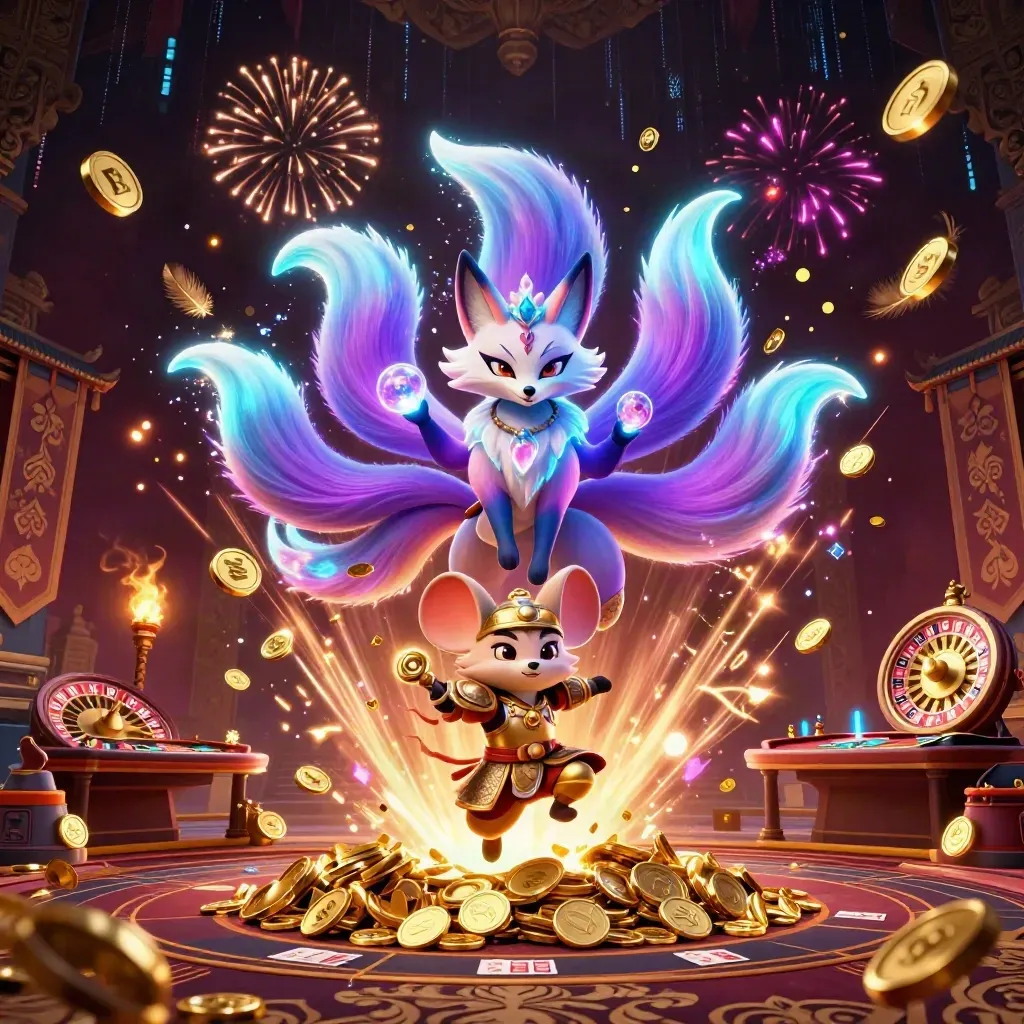 Nine-tailed fox spirit and samurai mouse amid casino coins, neon energy, temple gate, and spinning roulette wheel