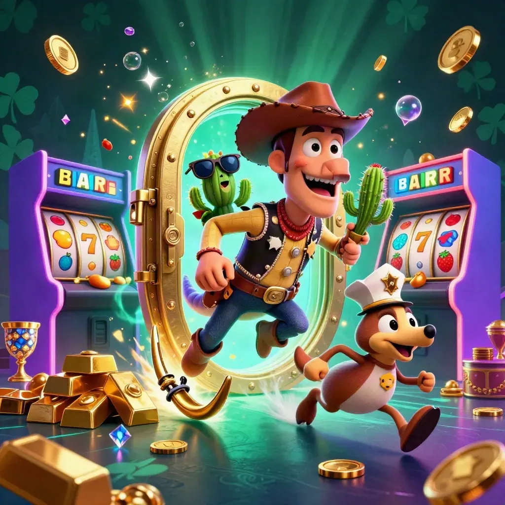 Cowboy T-Rex, cactus, and roadrunner burst through a glowing vault amid coins and slot symbols.