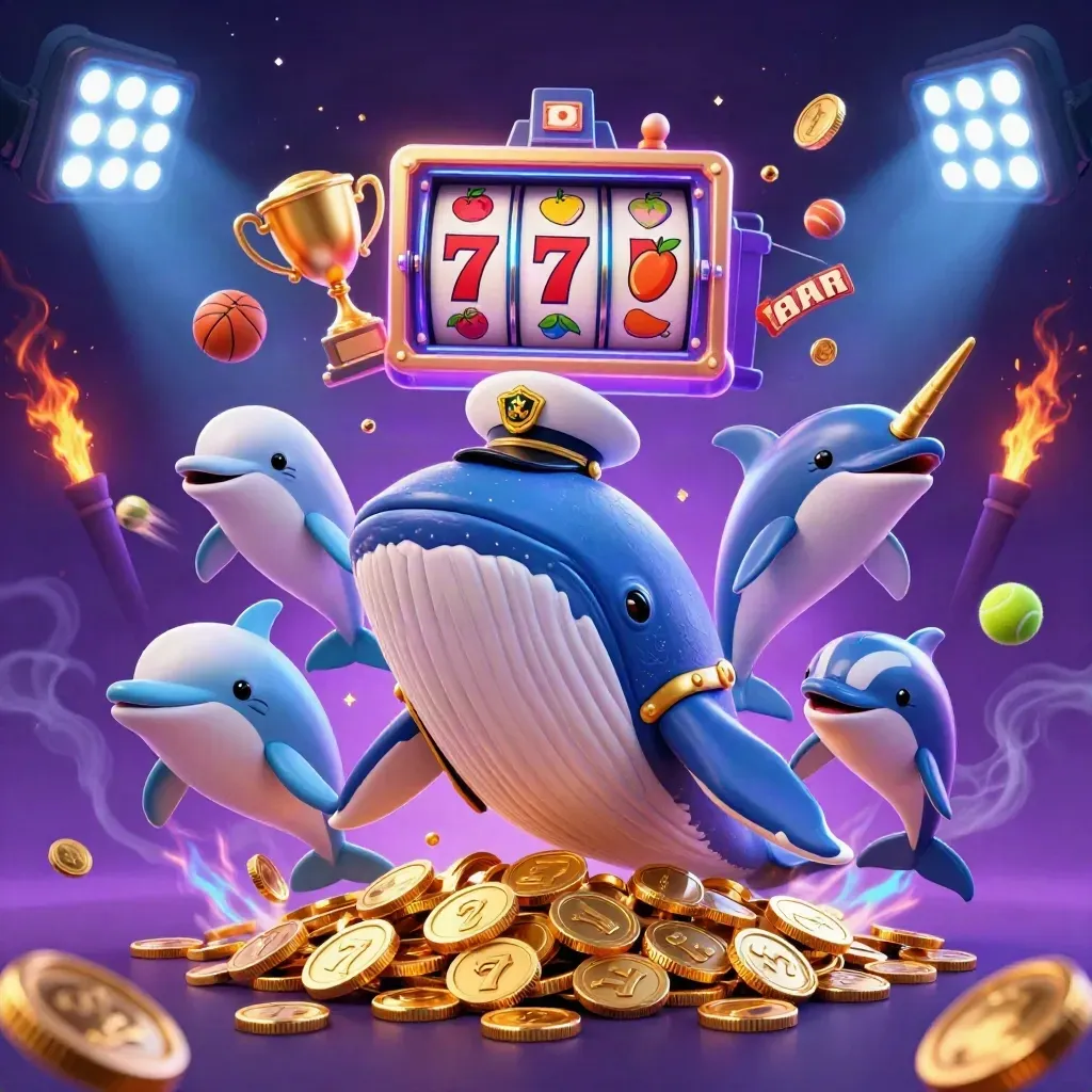 Whale captain, narwhal, and dolphins burst through coins with casino symbols and glowing lights.