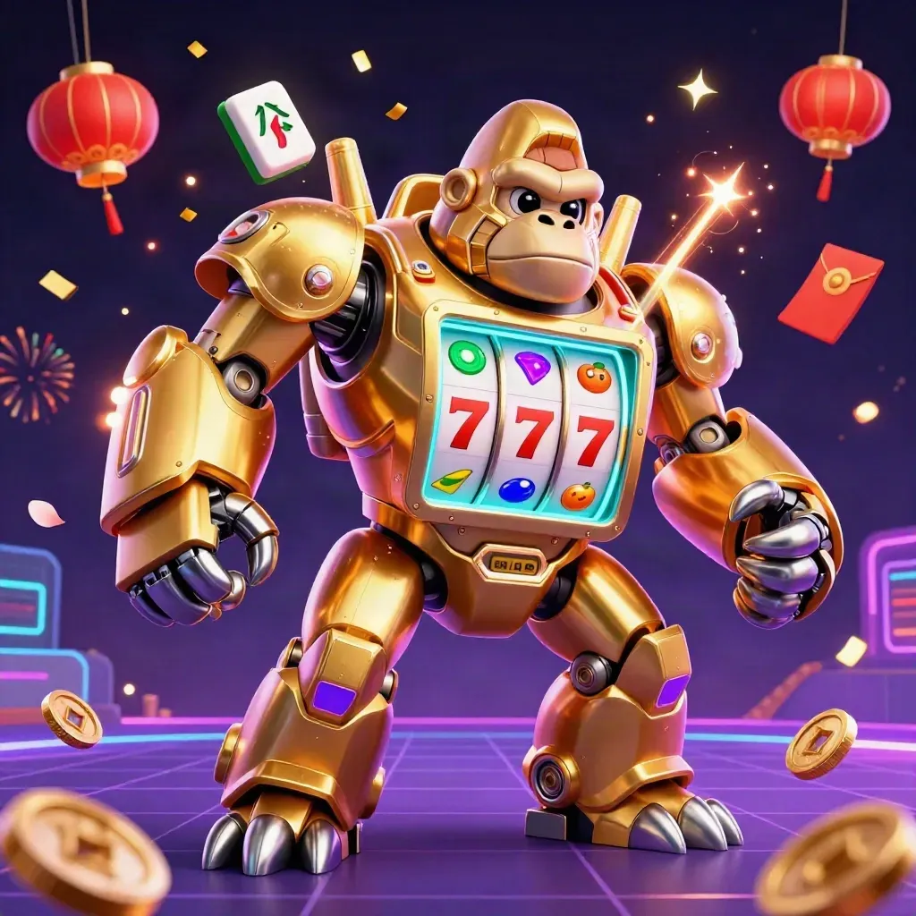 Golden gorilla mech with monkey pilot, slot reels, lanterns, coins, fireworks, and neon casino glow.