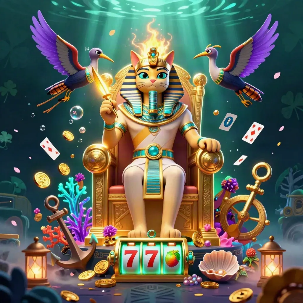 Pharaoh cat throne with ibis scribe and scarab beetles amid treasure cove casino glow