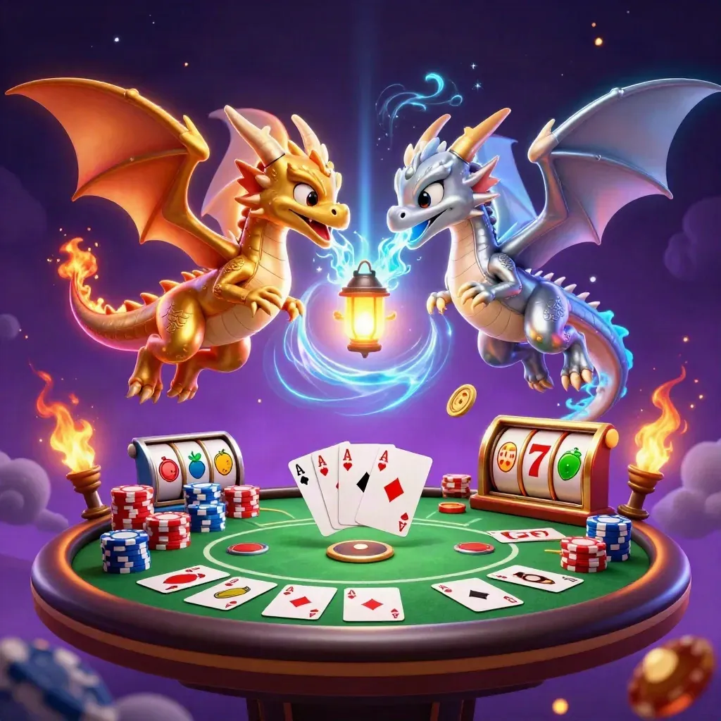 Twin gold and silver dragons over poker chips, reels, and glowing casino effects.