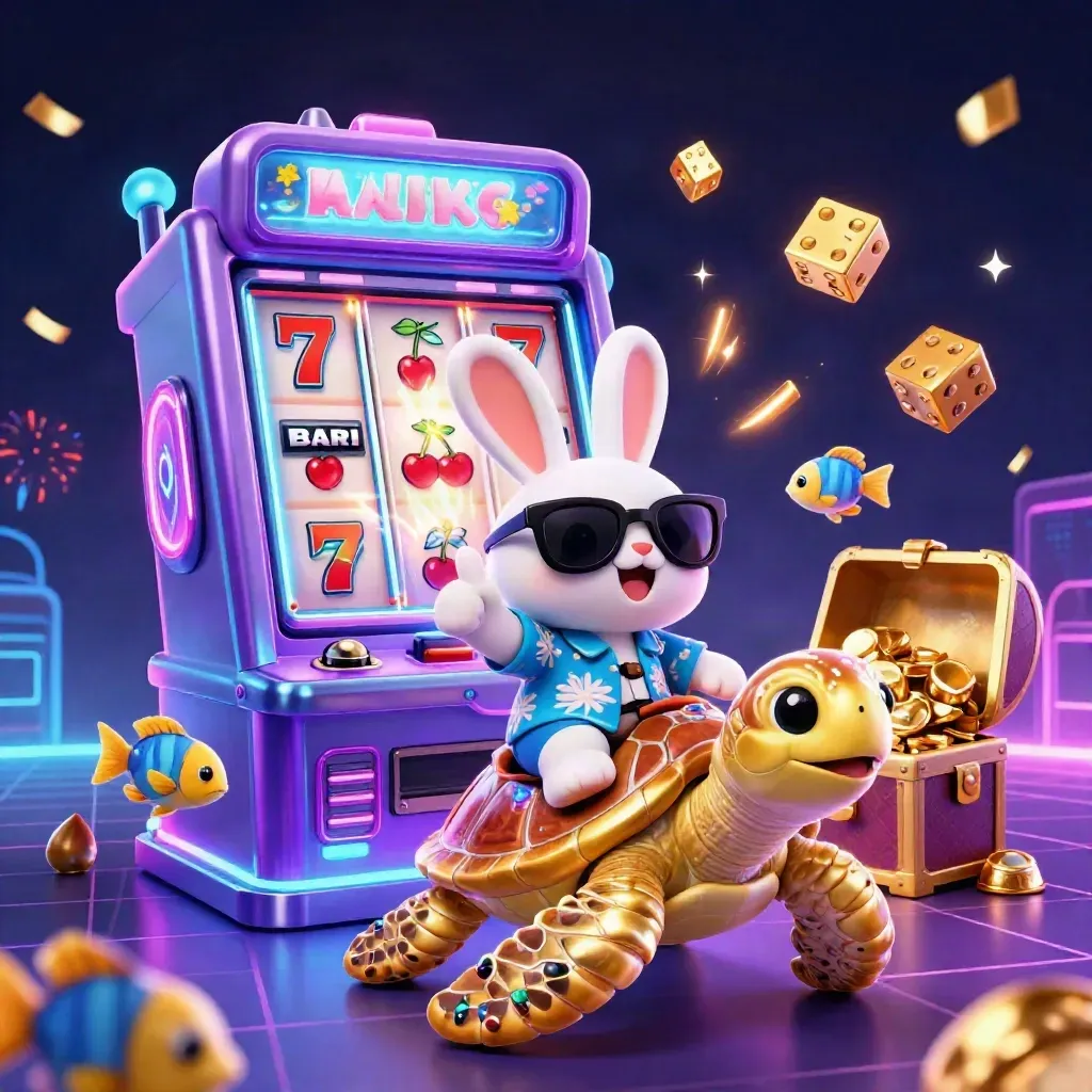 Rabbit in shades rides a jeweled sea turtle amid slot reels, gold, fish, and neon casino effects.