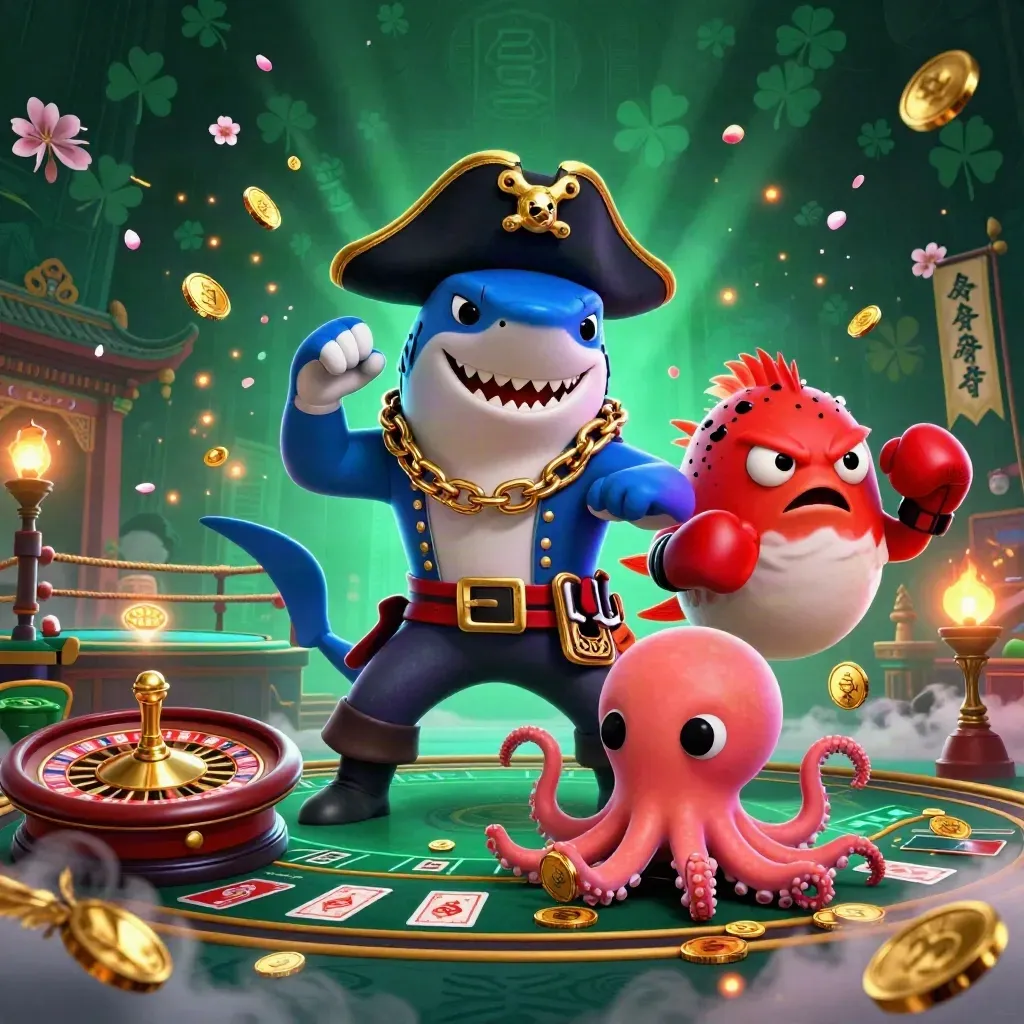 Pirate shark, boxing pufferfish, and coin-juggling octopus amid neon casino relics.