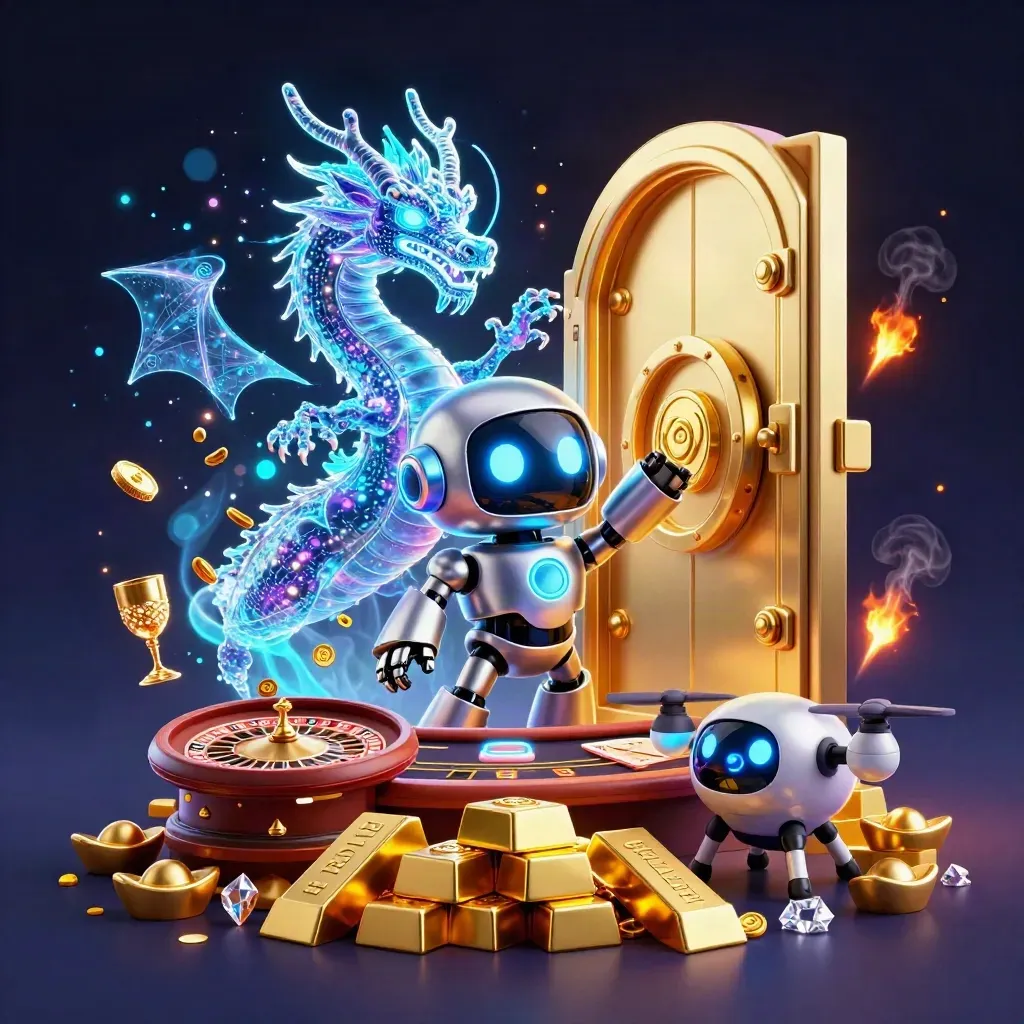 Cyberpunk robot, holographic dragon, and coin drone amid vault gold, cards, and neon casino glow.