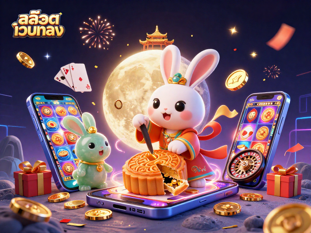 Experience the excitement of สล็อตเว็บตรง with the moon rabbit and rich casino elements in a vibrant 3D scene.