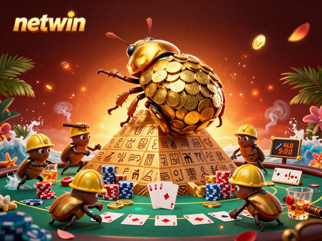 Engage in the netwin experience: a golden dung beetle rolls coins up a pyramid amid poker elements.