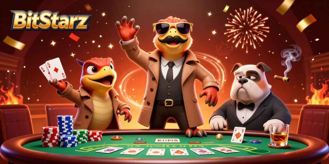 Three raptors in a trench coat humorously attempt entry into the BitStarz casino lounge.