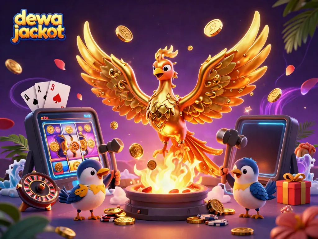 Dewa jackpot muncul dengan phoenix emas meleleh, permainan slot, dan banyak koin bertebaran.