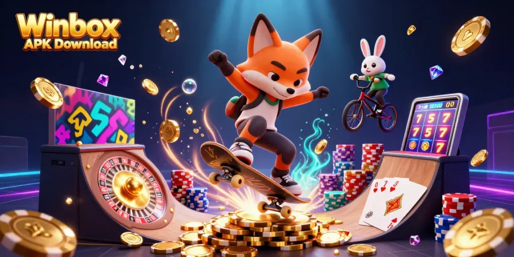 Winbox APK Download showcases a thrilling scene with 3D characters in a casino setting, capturing vibrant gaming dynamics.