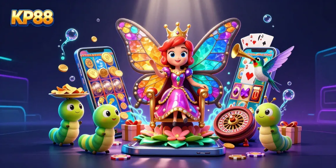 Experience KP88's vibrant casino world with a butterfly queen and endless gaming treasures.