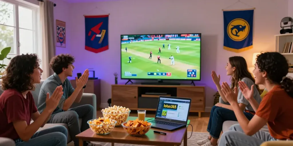 Friends engaging in cricket betting on lotus365 while watching a match.