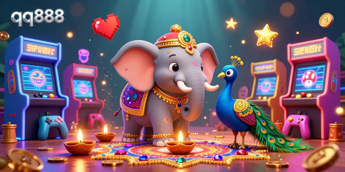 Engage in thrilling casino fun with qq888, featuring vibrant 3D illustrations of gaming elements and lively characters.