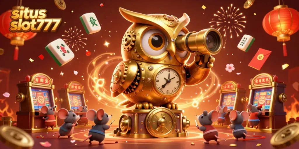 Experience thrilling gameplay with situs slot777, illustrated by a magical casino scene featuring a golden owl and animated mouse patrons.