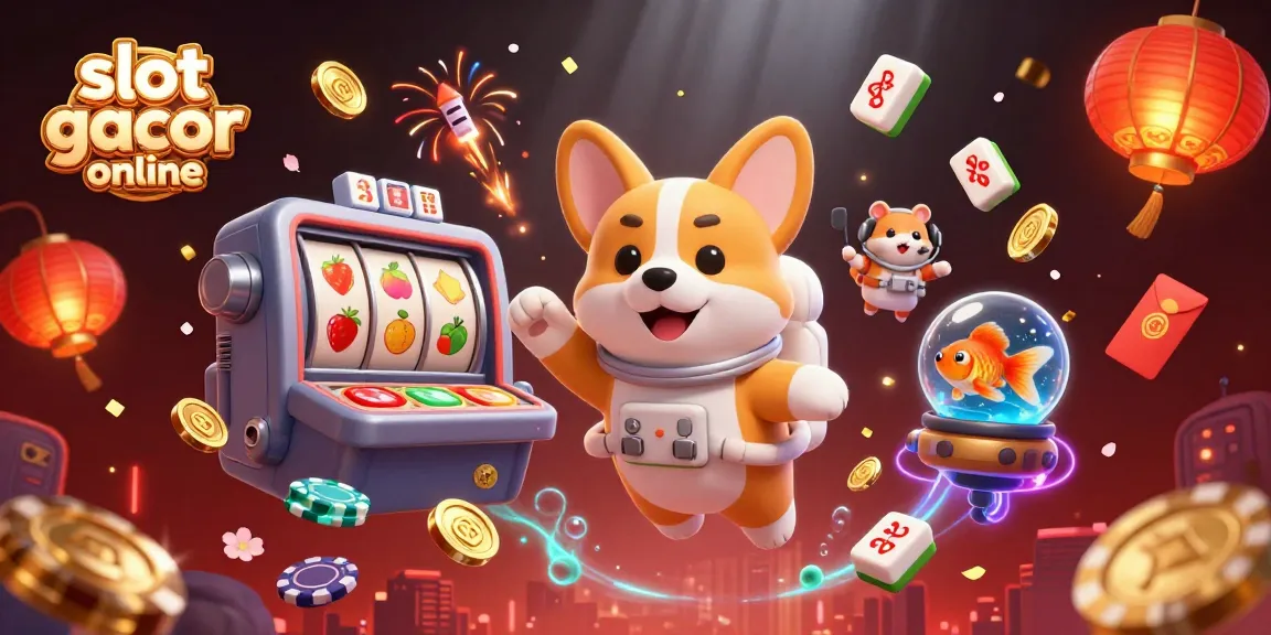 Bermain slot gacor online dengan karakter kartun lucu di ruang kasino luar angkasa yang penuh dengan koin emas dan simbol slot