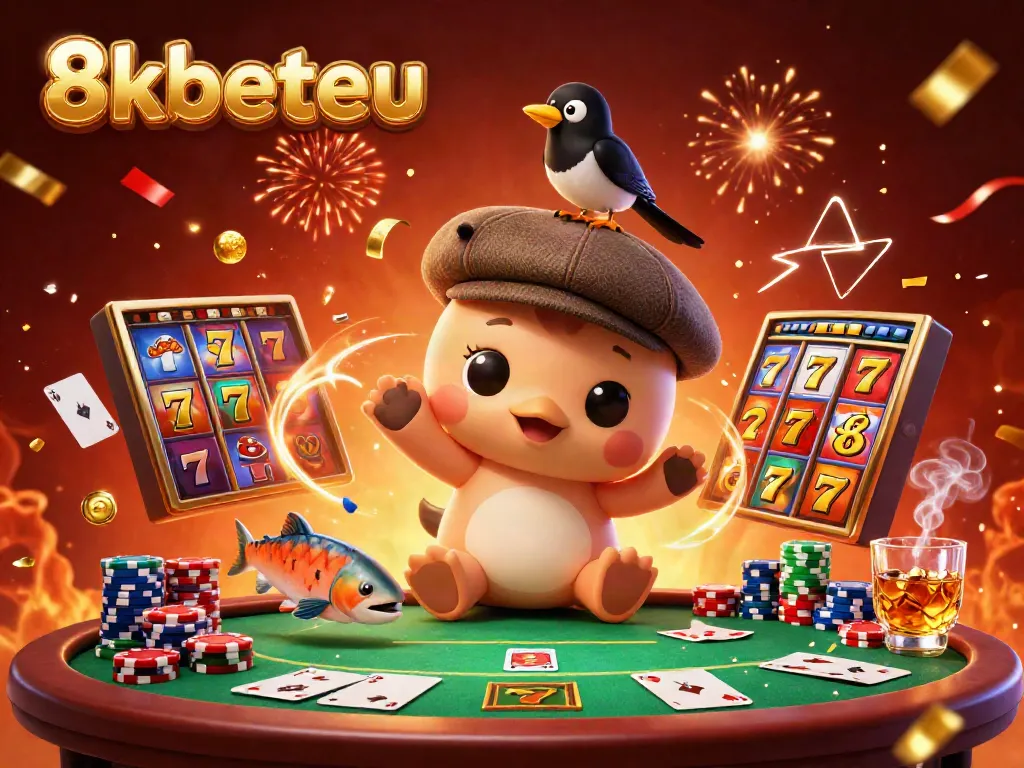 Engage with 8kbeteu, showcasing colorful slots, Nessie with a magpie, and immersive casino elements.