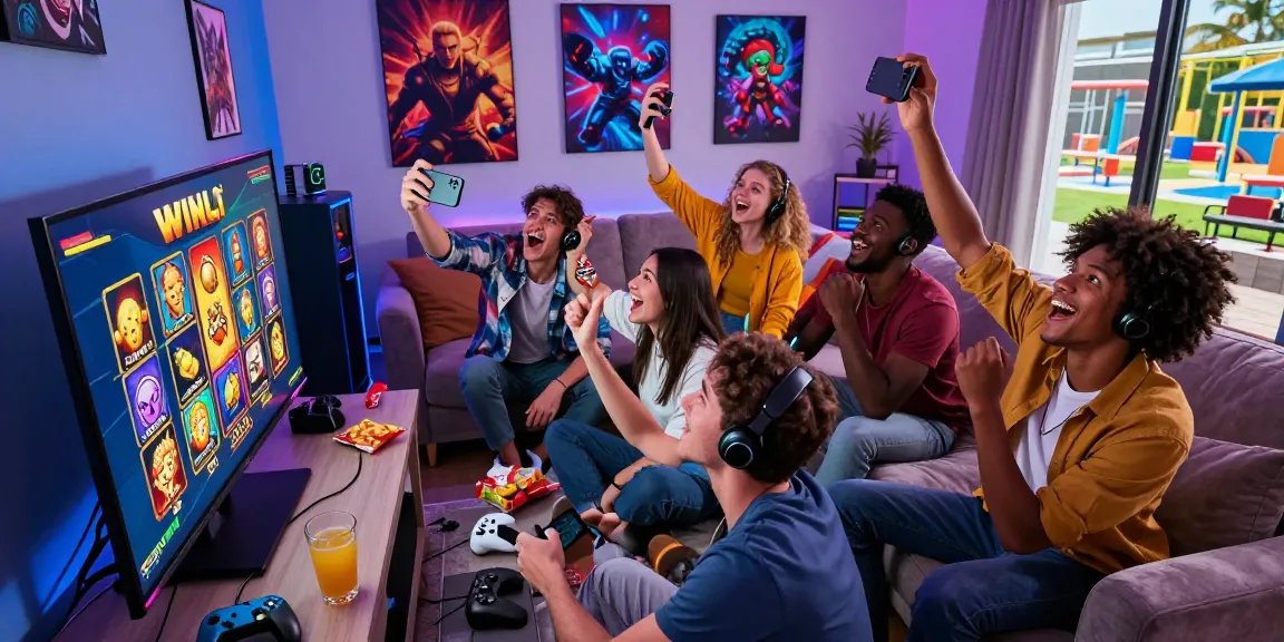 Friends enjoying winli-slots together in a lively living room setting, capturing joyful moments while gaming.