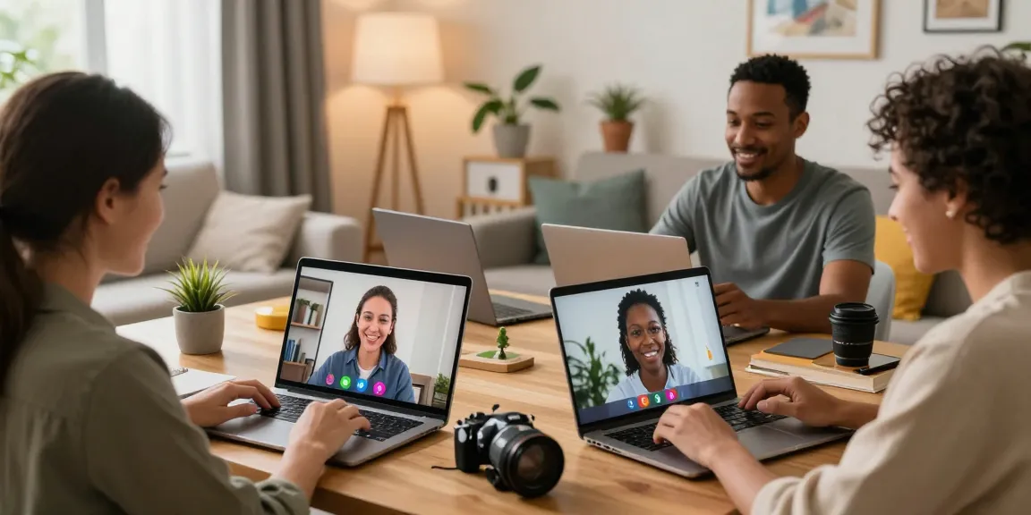 Engaging شات دردشتي scene featuring diverse individuals enjoying video calls in a cozy home environment.