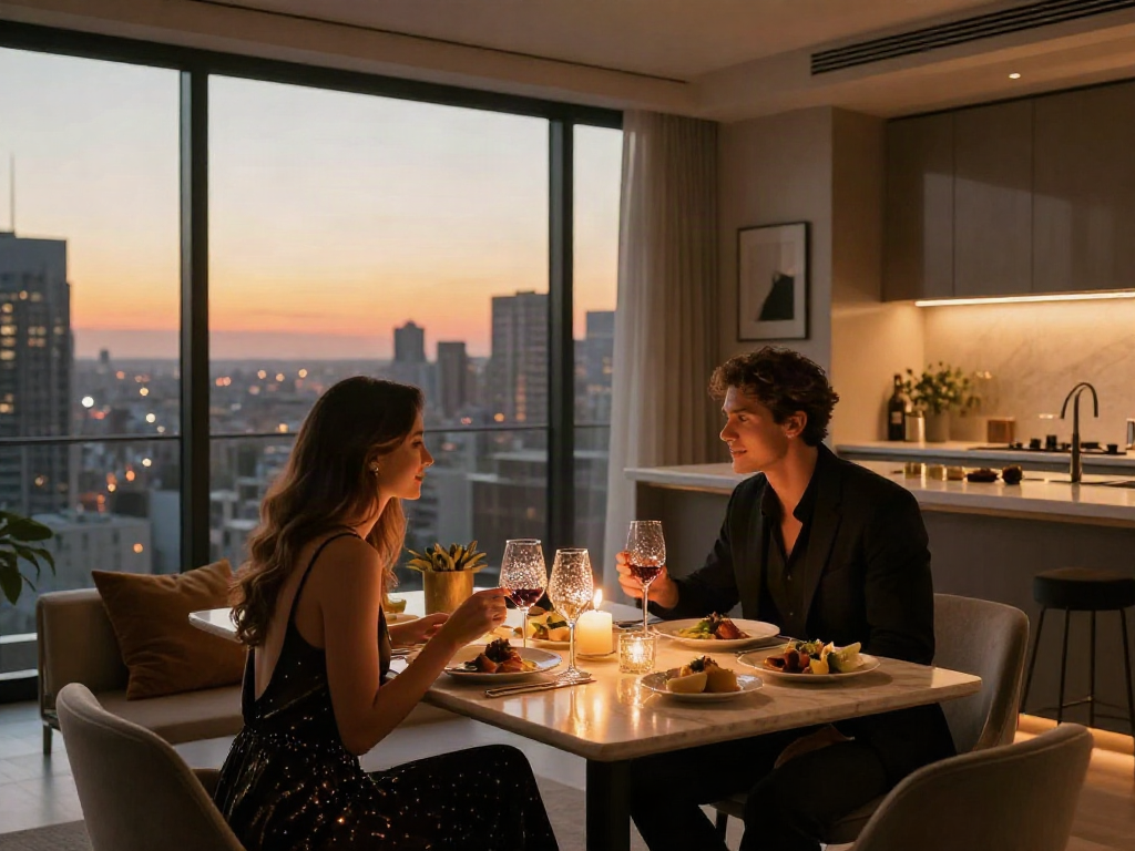 Gaya hidup mewah luxury111 dengan pasangan menikmati makan malam di penthouse kota.