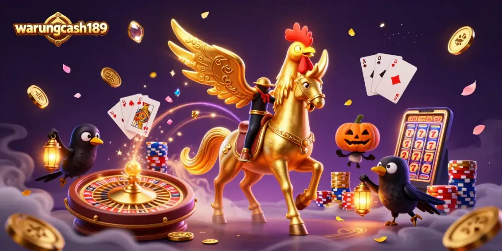 Experience the thrill of warungcash189 in a vibrant casino scene filled with golden coins and festive characters.