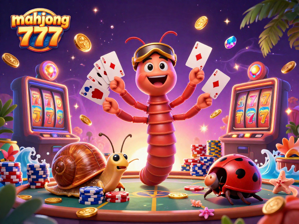 Experience thrilling gameplay with Mahjong 777 as colorful characters and stacked poker chips shine.