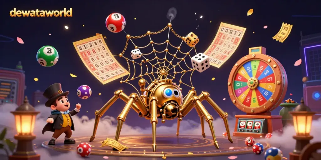 Gambarkan pengalaman bermain di dewataworld dengan slot dan dadu berwarna cerah dalam suasana yang dinamis.