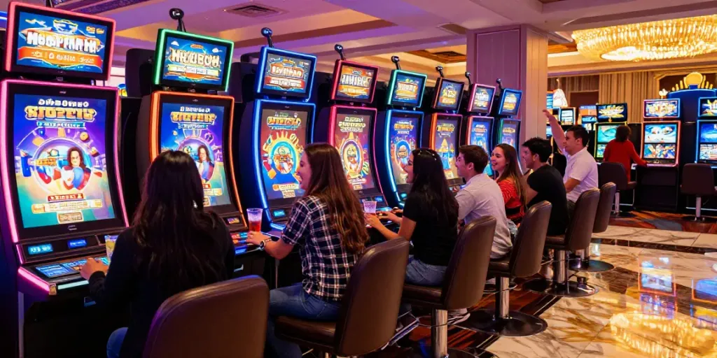 Exciting scene of friends playing ทดลองสล็อต in a lively Las Vegas casino.
